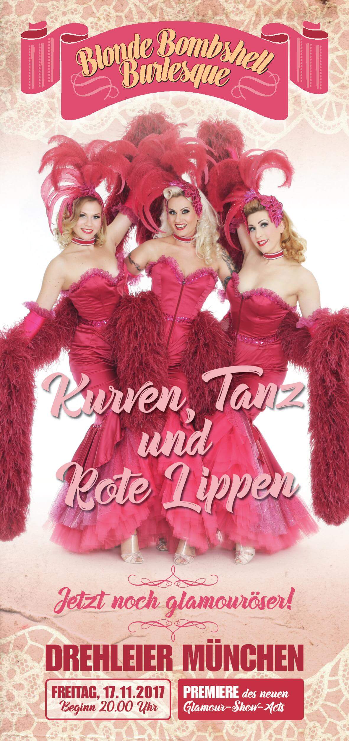 Blonde Bombshell Burlesque Flyer Kurven, Tanz und rote Lippen